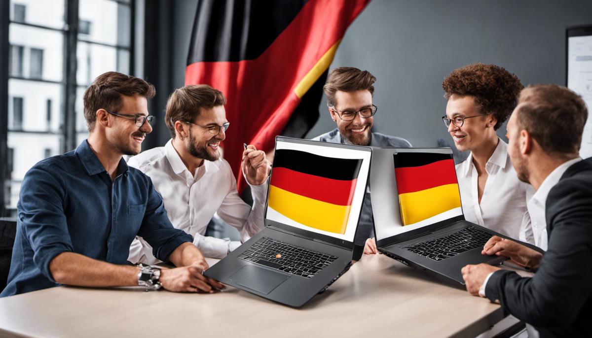 A group of people collaborating on laptops with Germany's flag in the background, representing starting an online business in Germany