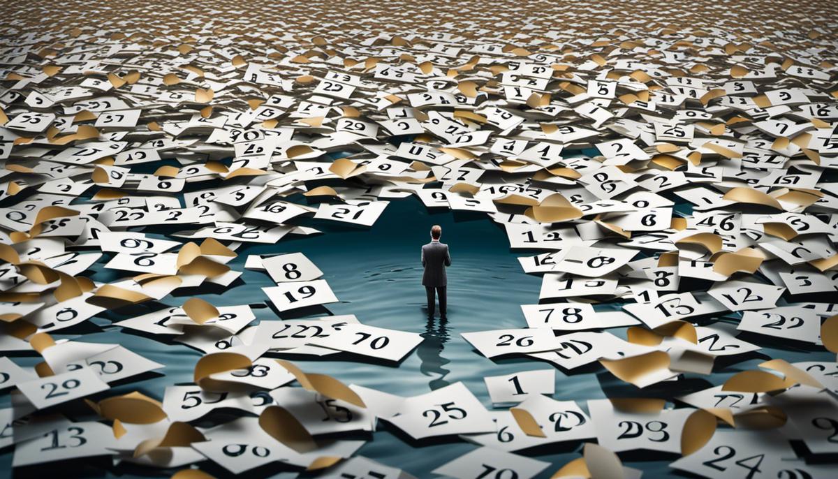 Image depicting high interest rates after promotional periods, showing a person drowning in a sea of numbers and a calendar marking the end of the promotional period.