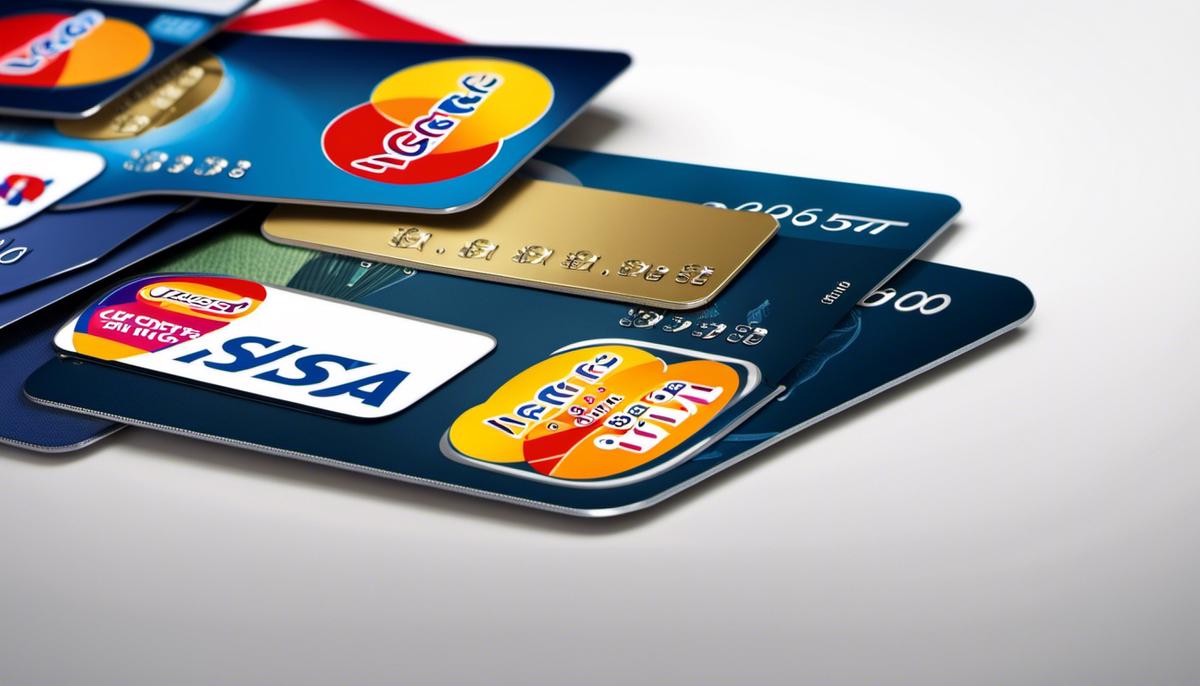 A group of credit cards with a no-interest banner, representing no-interest credit cards.