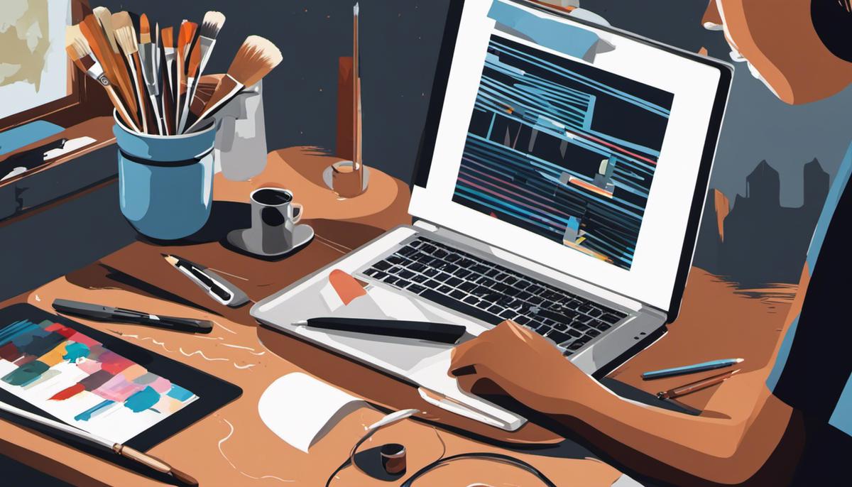 Illustration of a person holding a laptop and a paintbrush, representing the combination of creativity and digital skills for a portfolio career.