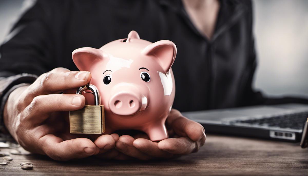 Image of a person holding a piggy bank with a broken padlock, symbolizing the feeling of money being stuck in an online savings account.