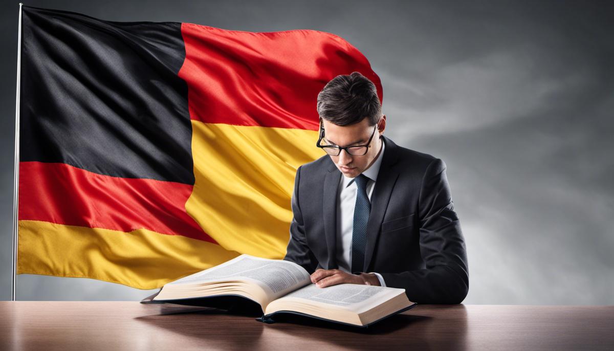 Image depicting a person reading a book with German flag and business icons, representing the topic of understanding German business regulations.
